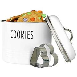 Outshine Vintage Cookie Jar with Airtight Lid, Cute Cookie Container with 2 Bonus Cookie Cutters, Decorative Kitchen Food Storage Holder for Cookies, Biscuits, and Baked Treats, White