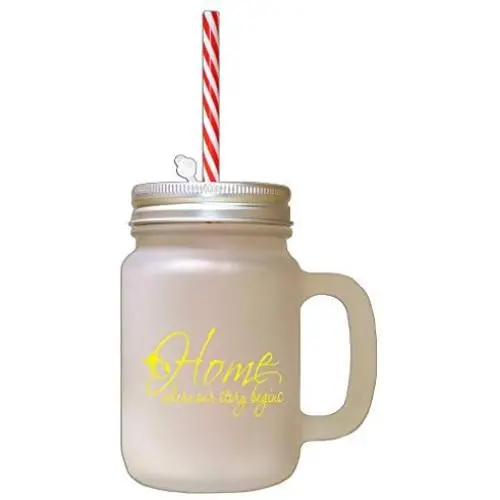 Yellow Home Where Our Story Begins Frosted Glass Mason Jar With Straw