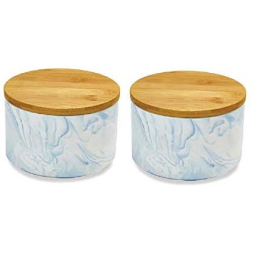 2pc Porcelain Kitchen Canister Set with Bamboo Lids ? Sky Blue Marble Containers with Airtight Seal ? Sugar, Coffee, Flour or Food Storage Jar -Hold 30 oz. 6