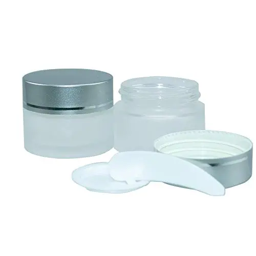 Empty Frosted Clear Glass jar with Inner Liners and Lids and Mini Spoon, 0.53oz Round Glass Jars-Silver Lids for Cream jars, Cosmetics, Diy, Make up, Homemade Sample-10PCS