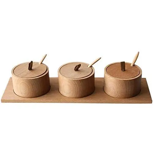 Bocal de Cuisine en Bois d'Arbre, Jeu de 3 Pots de Condiment en Bois de Chêne, Style Nordique, Récipient de Condiments avec Couvercle, Boîte de Rangement en Bois pour Cuisine Gadget (Couleur : Bois de Chêne)