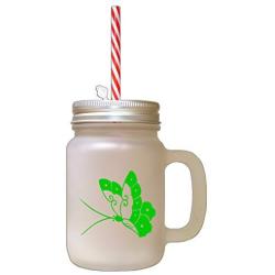 Green Butterfly Style 73 Frosted Glass Mason Jar With Straw