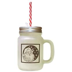 Brown Smiling Santa Clause Frosted Glass Mason Jar With Straw