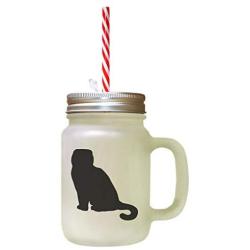 Black Scotish Fold Cat Silhouette Frosted Glass Mason Jar With Straw