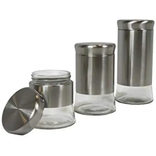 Chefventions 3-teiliges stabiles Speisemittelsatz mit Dichtung – Stilvoller Klarglas und Edelstahl-Behälter für Kaffee, Tee, Zucker, Reis, Mehl, Nüsse, Süßigkeiten, Bohnen, Nudeln