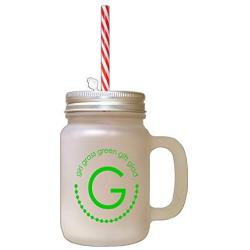 Green Alphabet G, Girl Grass Green Gift Glad Frosted Glass Mason Jar With Straw