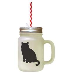Black British Shorthair Cat Silhouette #1 Frosted Glass Mason Jar With Straw