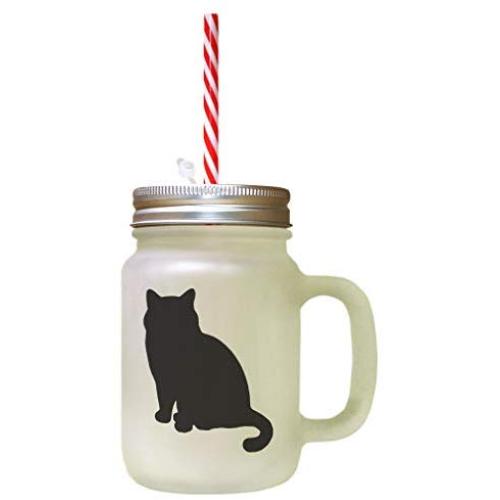 Black British Shorthair Cat Silhouette #1 Frosted Glass Mason Jar With Straw