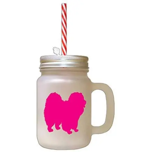 Hot Pink Chow Chow Silhouette Frosted Glass Mason Jar With Straw Hot Pink Chow Chow Silhouette Frosted Glass Mason Jar With Straw