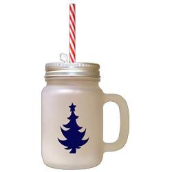 Navy Christmas Tree #6 Frosted Glass Mason Jar With Straw