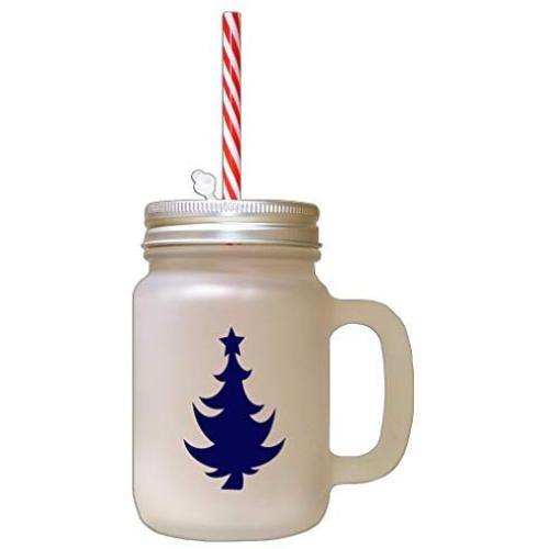 Navy Christmas Tree #6 Frosted Glass Mason Jar With Straw