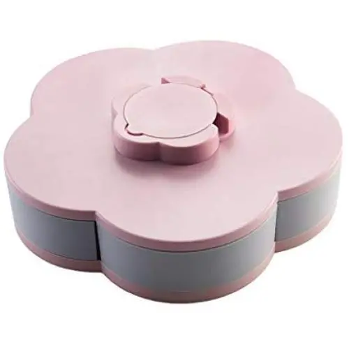 m?kvfa Bloom Rotating Snack Box Flower Design Candy Food Storage Box Jewelry Organizer Creative Fruit Box Candy Dish Compartment Snack Plate (Pink)