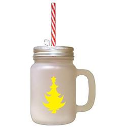 Yellow Christmas Tree #6 Frosted Glass Mason Jar With Straw