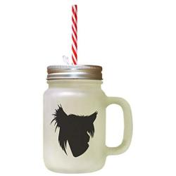 Black Chinese Crested Dog Silhouette Frosted Glass Mason Jar With Straw