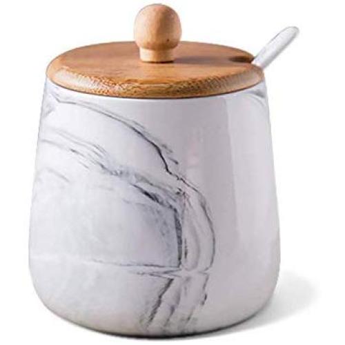 Marble Pattern Ceramic Sugar Bowl Set Sugar Dispenser Salt Pot Pepper Storage Jar Seasoning Pot Container Sugar Box Condiment Spice Holder with Wooden Lid Spoon, Grey