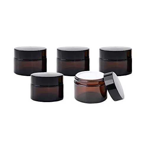 NANSHINE 5PCS Empty Refillable Dark Brown Glass Makeup Cosmetic Face Cream Jar Pot Bottle Container with Liners and Black Screw Lid 5ML