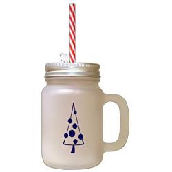 Navy Christmas Tree Style 6 Frosted Glass Mason Jar With Straw