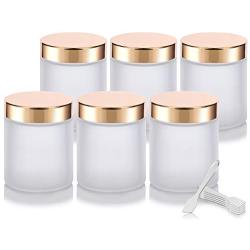 Large Frosted Clear Thick Glass Straight Sided Jar with Gold Metal Overshell Lid - 8 oz / 240 ml (6 pack) + Spatulas