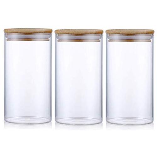 Glass Storage Jar Airtight Food Storage Canisters Set of 3 Glass Coffee Jar Kitchen Food Storage Container with Bamboo Lid for Serving Tea, Coffee, Spice and More (650ML)