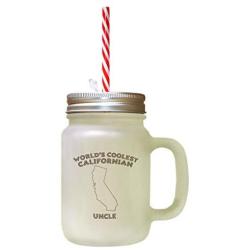 Brown WorldS Coolest Californian Uncle CA Frosted Glass Mason Jar With Straw