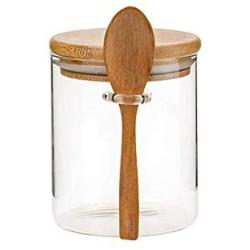 Povinmos Sugar Dispenser with Bamboo Lid and Spoon Clear Sealed Canister Container for Loose Tea Salt Sugar Coffee Bean Preservation