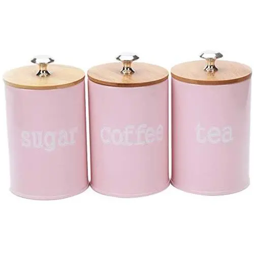 3 X Food Storage Jar, Pink Food Storage Can with Airtight Seal Bamboo Lid -Modern Design Kitchen Storage Canister for Serving Tea, Coffee,Spice