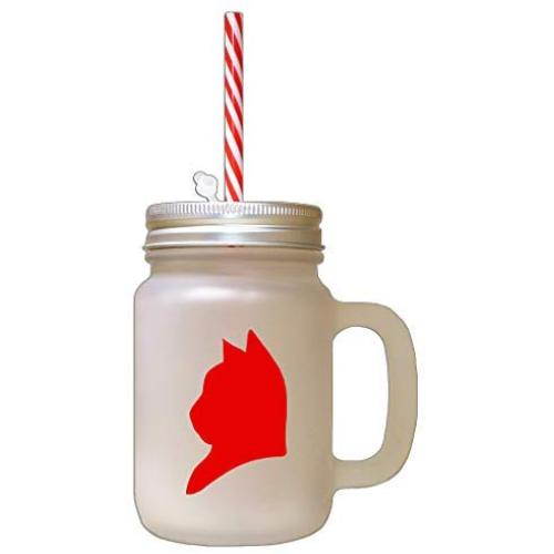 Red American Shorthair Cat Head Silhouette Frosted Glass Mason Jar With Straw