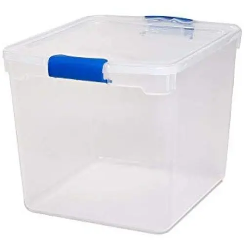 Homz Plastic Storage, Modular Stackable Storage Bins with Blue Latching Handles, 31 Quart, Clear, 4-Pack Homz Plastic Storage, Modular Stackable Storage Bins with Blue Latching Handles, 31 Quart, Clear, 4-Pack