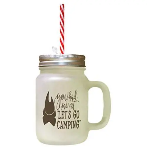 Brown You Had Me At&quotLetS Go Camping&quot Frosted Glass Mason Jar With Straw