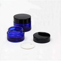 2PCS 30ml/1oz Empty Refillable Blue Glass Cream Jars Case Bottles with liners and Black Screw Lid Portable Travel Storage Containers Jars Pot Holder for Cream Lip Balm Shalves Eye Shadow