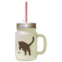 Brown British Shorthair Cat Silhouette #3 Frosted Glass Mason Jar With Straw