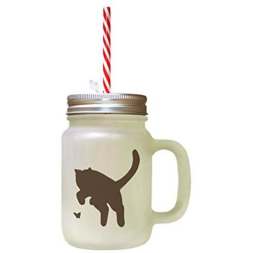 Brown British Shorthair Cat Silhouette #3 Frosted Glass Mason Jar With Straw