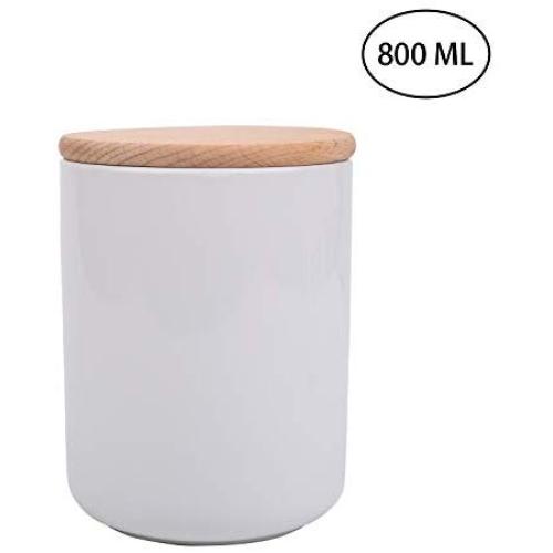 Food Storage Canister - IEBIYO White Ceramics Canister - with Airtight Seal Wooden Lid - Modern Design for Serving Tea, Coffee, Spice, Snacks, Seasonings, Nuts, Pasta and More (27.05 FL OZ / 800 ML)