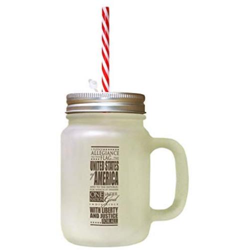 Brown Pledge Allegiance Flag United States Americ#1 Frosted Glass Mason Jar With Straw