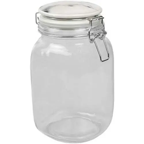 Home Basics GC45326 Proo 50 oz Canister mit Marmorbedrucktem Keramikdeckel (Gold) Luftdichter, Undurchlässiger, Weite-Mund Französischer Glasbehälter mit Runder, Medium, Klar