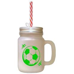 Green Soccer Ball #3 Frosted Glass Mason Jar With Straw