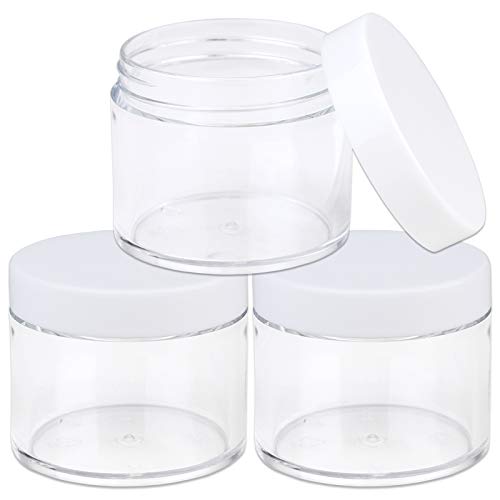 Bouteilles en plastique transparentes rondes de 60g/60ml (2oz) étanches à fuite avec couverts blancs pour voyages, stockage, maquillage, cosmétiques, lotions, scrubs, crèmes, huiles, baumes (3 bouteilles)