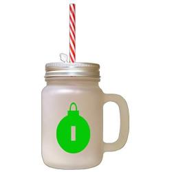 Green&quotI" Christmas Tree Toy Monogram I Frosted Glass Mason Jar With Straw