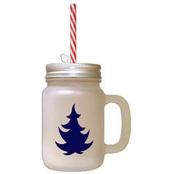 Navy Christmas Tree #4 Frosted Glass Mason Jar With Straw