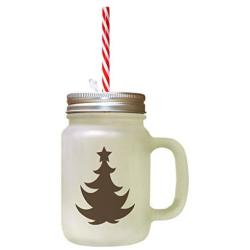 Brown Christmas Tree #2 Frosted Glass Mason Jar With Straw