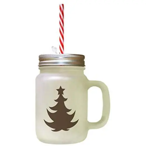 Brown Christmas Tree #2 Frosted Glass Mason Jar With Straw Brown Christmas Tree #2 Frosted Glass Mason Jar With Straw