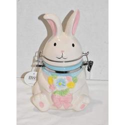 BW New 8" White Bunny Rabbit with Colorful Flowers Ceramic Decorative Air Tight Hinged Canister Storage Jar