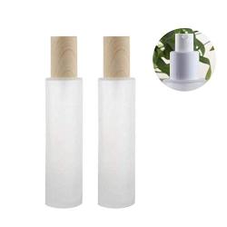 2 Pcs 120ML 4OZ Transparent Frosted Glass Empty Refillable Lotion Bottle with White Pump Head and Bamboo Lines Cap Cosmetic Emulsion Container Shampoo Dispense Vial Makeup Sample Case Jar for Travel