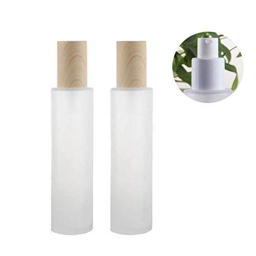 2 Pcs 120ML 4OZ Transparent Frosted Glass Empty Refillable Lotion Bottle with White Pump Head and Bamboo Lines Cap Cosmetic Emulsion Container Shampoo Dispense Vial Makeup Sample Case Jar for Travel