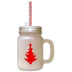 Red Christmas Tree #6 Frosted Glass Mason Jar With Straw