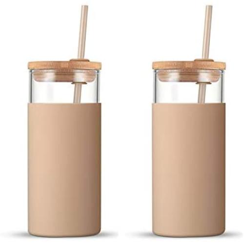 Tronco 20oz Glass Tumbler Glass Water Bottle Straw Silicone Protective Sleeve Bamboo Lid - BPA Free (Amber/ 2-Pack)