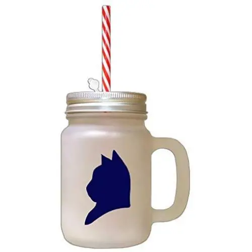 Navy American Shorthair Cat Head Silhouette Frosted Glass Mason Jar With Straw Navy American Shorthair Cat Head Silhouette Frosted Glass Mason Jar With Straw