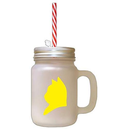 Yellow American Shorthair Cat Head Silhouette Frosted Glass Mason Jar With Straw