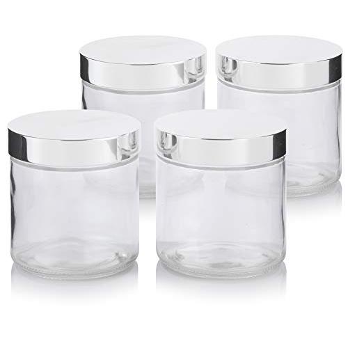 Large Clear Thick Glass Straight Sided Jar with Silver Metal Overshell Lid - 16 oz / 480 ml (4 Pack) + Labels