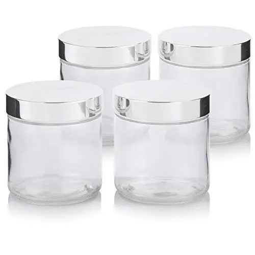 Large Clear Thick Glass Straight Sided Jar with Silver Metal Overshell Lid - 16 oz / 480 ml (4 Pack) + Labels Large Clear Thick Glass Straight Sided Jar with Silver Metal Overshell Lid - 16 oz / 480 ml (4 Pack) + Labels